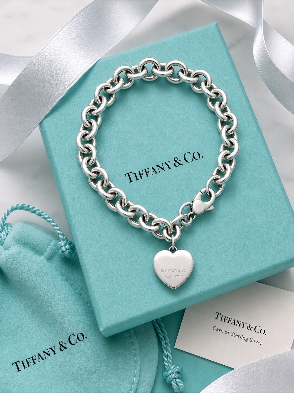 Tiffany & Co. Vintage Heart Locket Charm Bracelet Sterling Silver 7.75” 25g